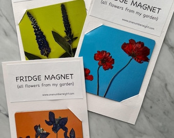 May include: Three fridge magnets featuring pressed flowers. The magnets are packaged in white envelopes with the text "FRIDGE MAGNET (all flowers from my garden) www.onenumbereight.com". The first magnet features purple flowers on a yellow background. The second magnet features red flowers on a blue background. The third magnet features purple flowers on an orange background.