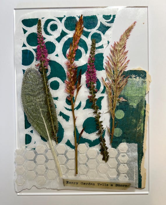Contemporary Collage Art: Celosia Petite,  Vintage Papers, Acrylic Frame