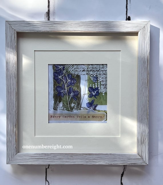 LARKSPUR FLOWER PRINT, gorgeous blue flowers framed with white matte and distressed wooden frame, wall art or desktop with easel stand