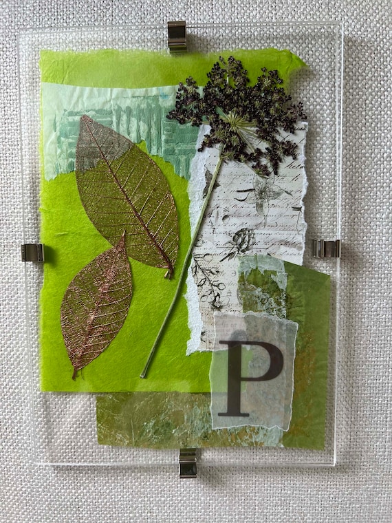 CONTEMPORARY COLLAGE ART, mixed media collage, chocolate lace flower, hand printed papers, vintage papers, acrylic floating frame