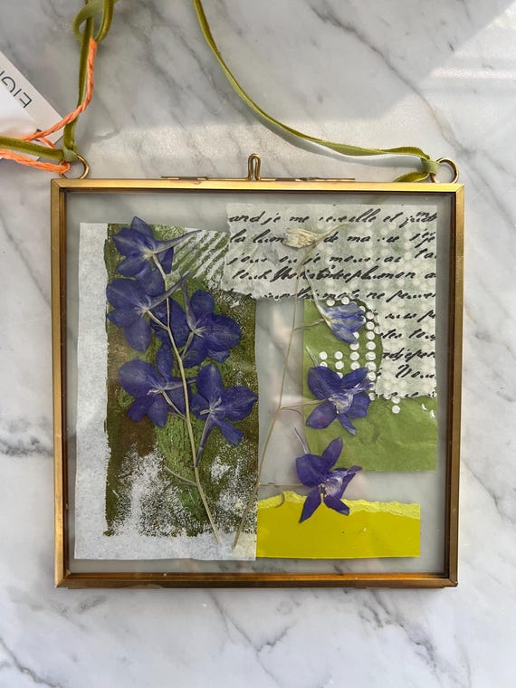 PRESSED FLOWER ART, hand printed papers, yellow daisies, vintage paper, springtime gift, collage design, pressed flower wall art