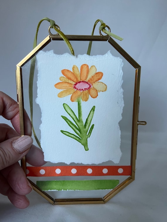 FRAMED collage design, watercolor painted flower in glass frame,  wall art, ribbon in design