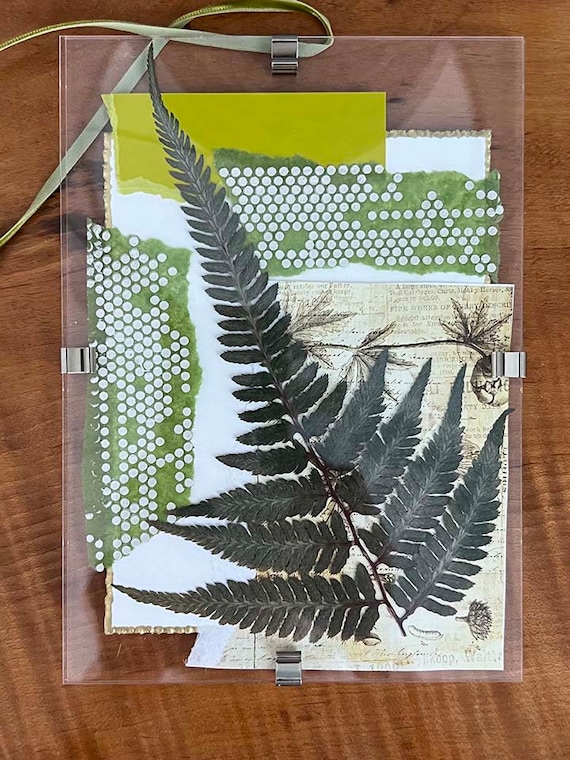 FRAMED COLLAGE ART, mixed media collage, botanical pressed fern, hand printed papers, vintage papers, acrylic floating frame