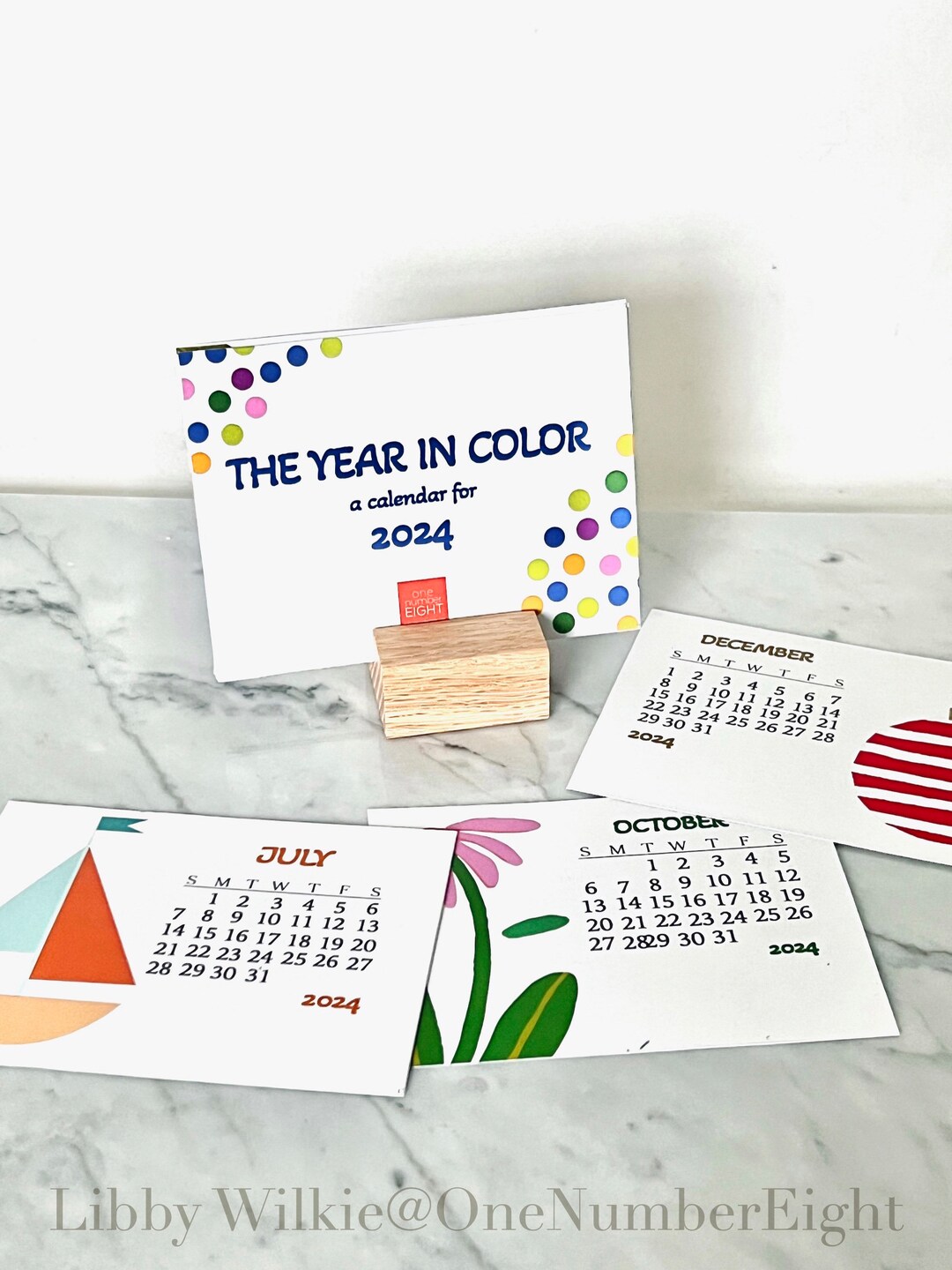4x3 DESK CALENDAR, Graphic and Colorful Calendar, Wood Slot Base, Small