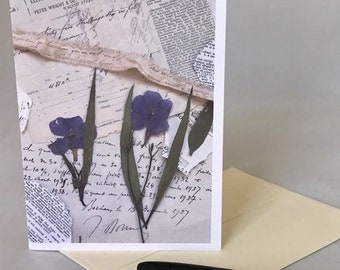 PRESSED FLOWER COLLAGE, blue vintage style greeting card, blank greeting card, pressed flower card, photo collage card, antique style card