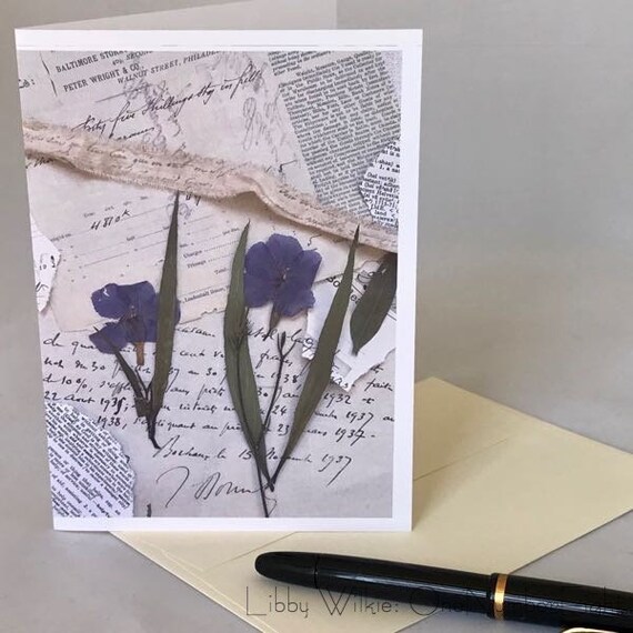 PRESSED FLOWER COLLAGE, blue vintage style greeting card, blank greeting card, pressed flower card, photo collage card, antique style card