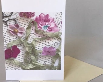PRESSED FLOWER COLLAGE, pink vintage style greeting card, blank greeting card, pressed flower card, photo collage card, antique style card