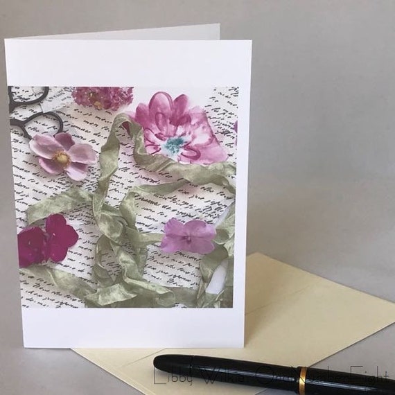 PRESSED FLOWER COLLAGE, pink vintage style greeting card, blank greeting card, pressed flower card, photo collage card, antique style card
