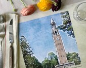 UNC BELL TOWER,  paper placemat, set of 6 paper placemats with image of iconic Clock Tower, linen cover stock paper,