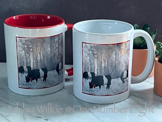 HOLIDAY MUG, Beltie mug, Christmas mug, ceramic mug red handle and interior, Belted Galloway mug, 11 oz mug, stocking stuffer, coffee mug