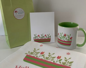 GIFT SET, Flower Box set, tea towel + mug + pad = perfect gift, Hello Spring towel, mug with green interior