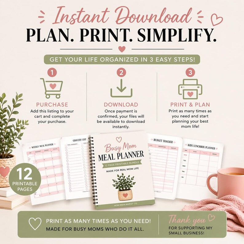 Busy Mom Meal Planner Printable PDF | Weekly Planner | Grocery List ...