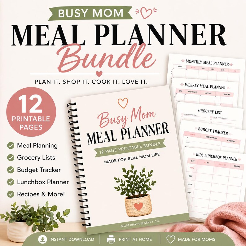 Busy Mom Meal Planner Printable PDF | Weekly Planner | Grocery List ...