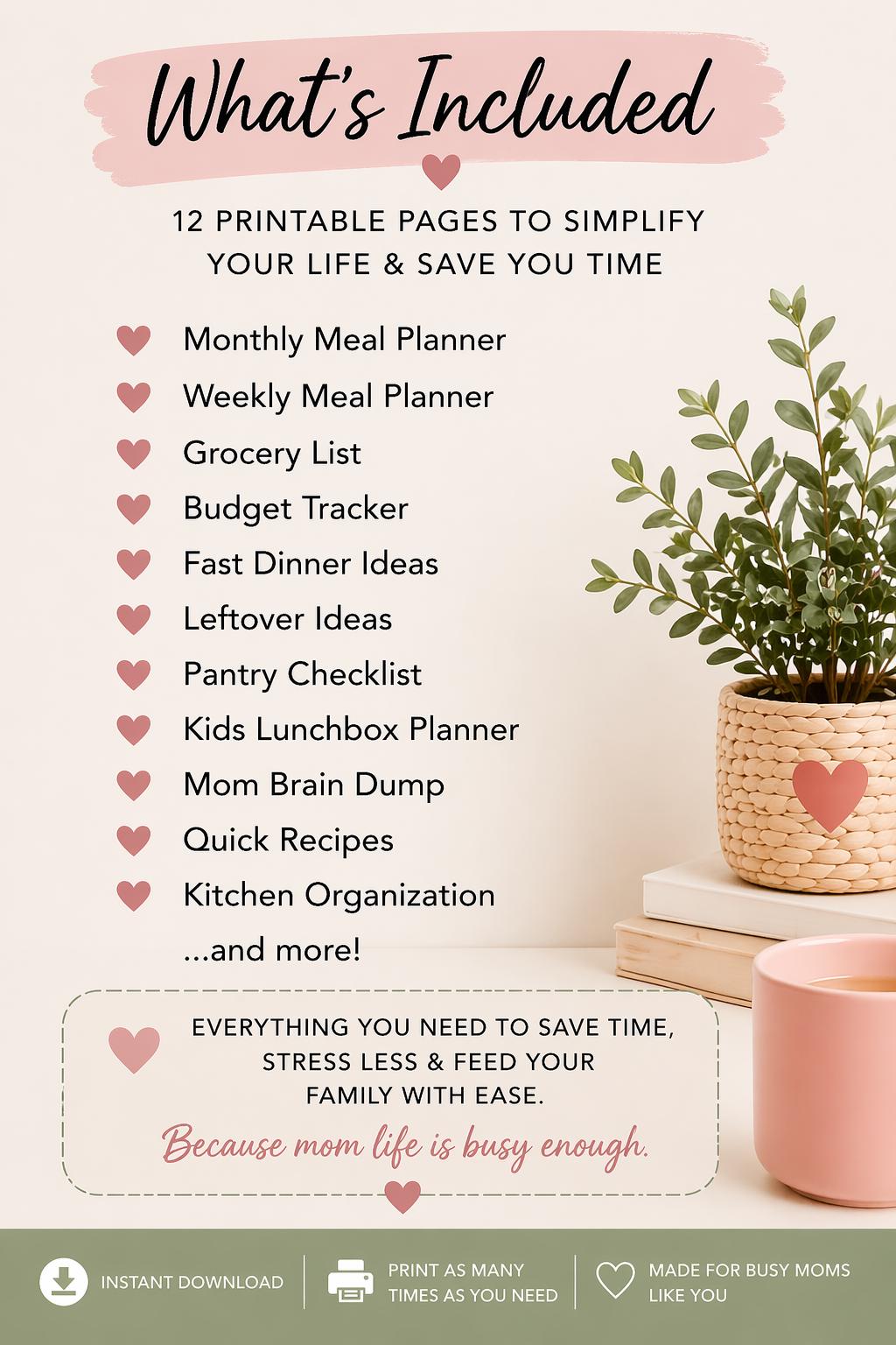 Busy Mom Meal Planner Printable PDF | Weekly Planner | Grocery List ...