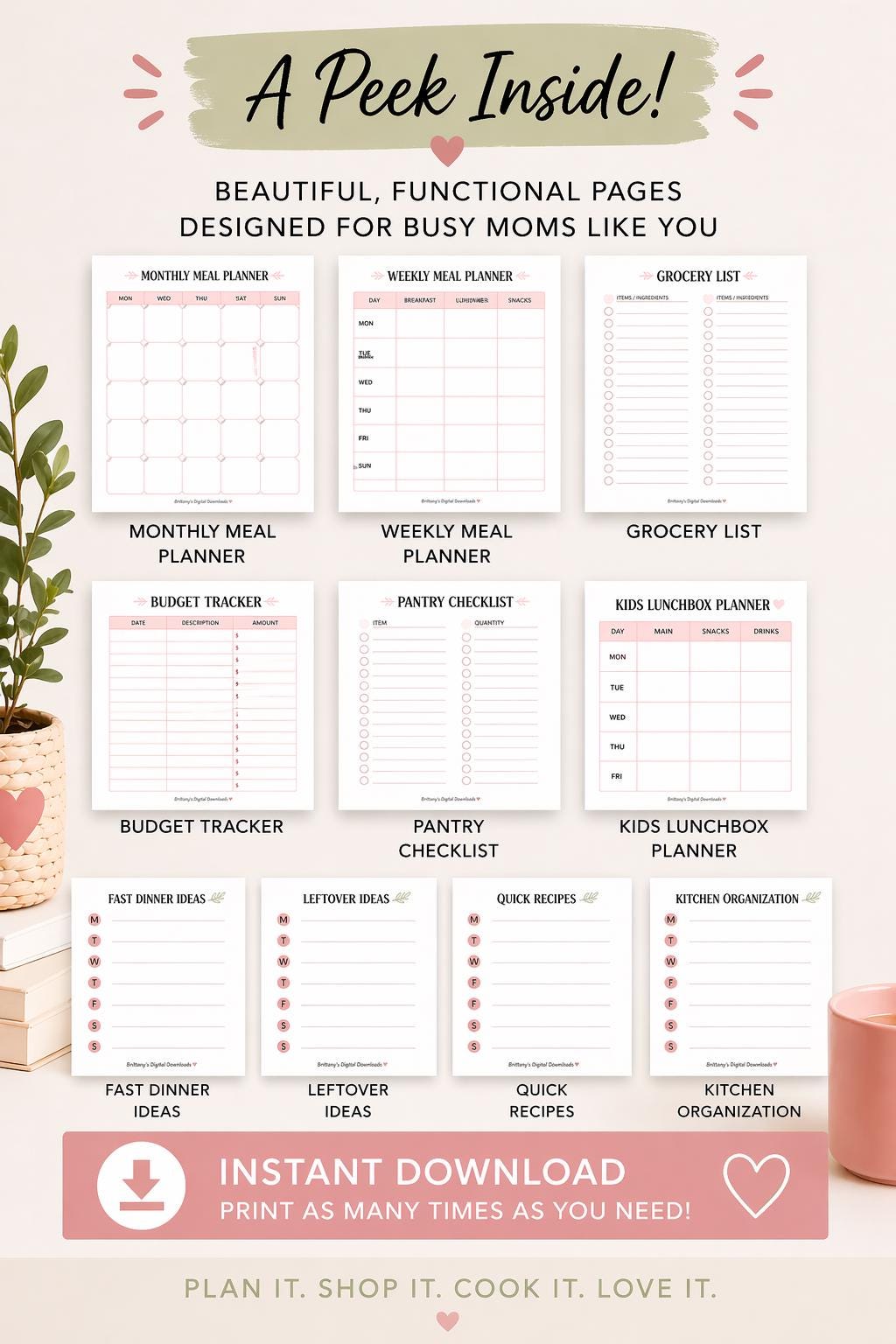 Busy Mom Meal Planner Printable PDF | Weekly Planner | Grocery List ...