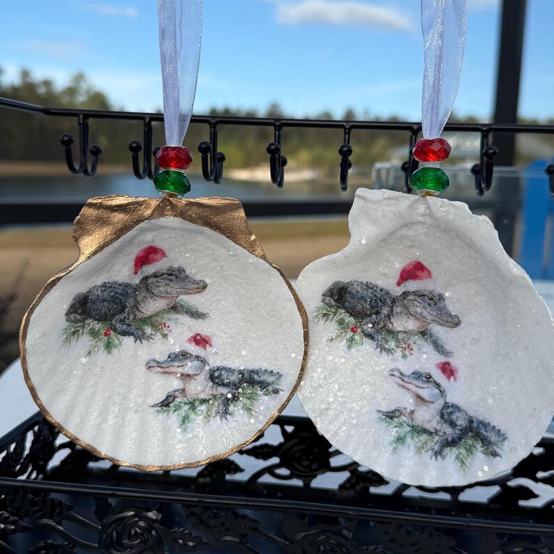 Christmas Alligators Scallop Shell Ornament • Coastal Holiday Decor ...
