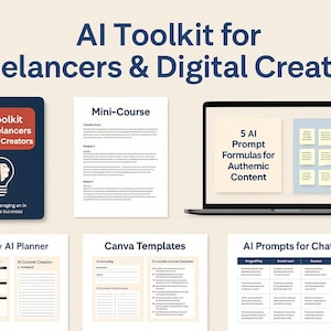 Könnte beinhalten: Das Bild zeigt ein AI Toolkit für Freiberufler und digitale Kreative. Es beinhaltet ein Buch, ein Mini-Kurs-Dokument, einen Laptop mit Inhalten, einen Wochenplaner, Canva-Vorlagen und KI-Prompts für ChatGPT. Das Thema ist digitale Content-Erstellung.