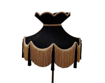 Handmade Scallop Dome Lampshade: Black Brocade with Rayon Fringe & Tassels
