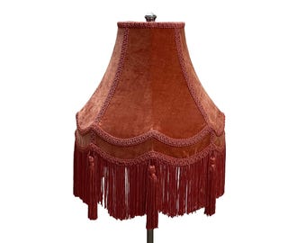 Orange Velvet Lampshade: Scallop Dome with Rayon Fringe