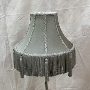 Grey Silk Lampshade with Rayon Fringe & Tassels