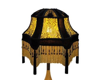 Handmade Black & Gold Lampshade: Victorian Dome with Lace, Beaded Fringe
