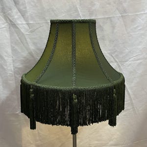 Green Silk Bell Lampshade with Rayon Fringe & Tassels