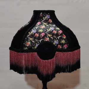 Victorian Black Print Lampshade: Square Satin Shade with Ombre Fringe