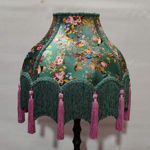 Green Multi Print Lampshade: Scallop Dome with Rayon Fringe