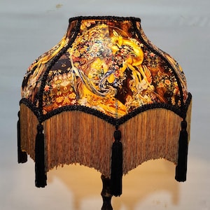 Brown Multi Print Lampshade with Rayon Fringe & Tassels
