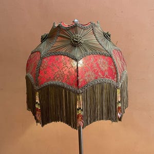 Victorian Red Gold Lampshade: Handmade Beaded Fringe Bell Shade