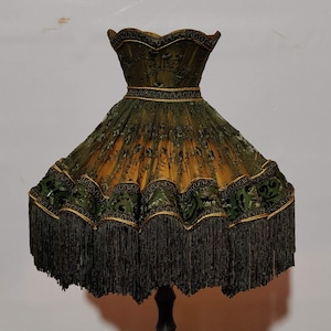 Victorian Olive Lampshade: Embroidered Lace & Velvet Fringe