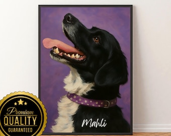 May include: A custom pet portrait of a black and white dog with its tongue out, wearing a purple collar. The painting is set against a purple background and framed in black. Text at the top reads "Custom Pet Painted Portraits."