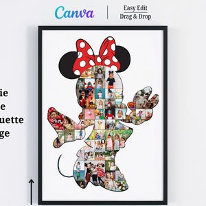 Puede incluir: Un collage enmarcado de silueta de Minnie Mouse lleno de m&uacute;ltiples fotos. La forma de Minnie Mouse tiene un lazo rojo con lunares blancos. El texto de la imagen dice "Minnie Mouse Silhouette Collage", "Change to Size You Want" y "Instant Download".