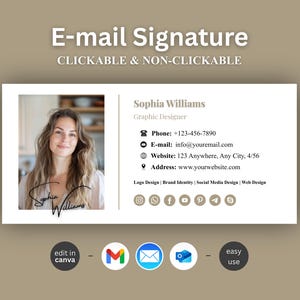 Puede incluir: Una plantilla de firma de correo electrónico con el texto "E-mail Signature" y "CLICKABLE & NON-CLICKABLE". Incluye una foto de una mujer, información de contacto e iconos de redes sociales. La plantilla está diseñada para diseñadores gráficos.