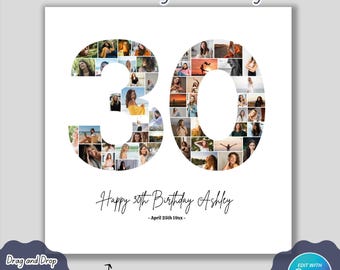 30th Birthday Photo Collage, 30th Birthday Gift, Birthday Number 30 Printable, 30th Photo Collage Template, Editable 30th Birthday, easy use