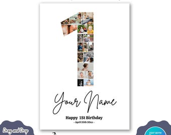 1st Birthday Photo Collage, 1st Birthday Gift, Birthday Number 1 Printable, 1st Photo Collage Template, Editable 1st Birthday, easy use
