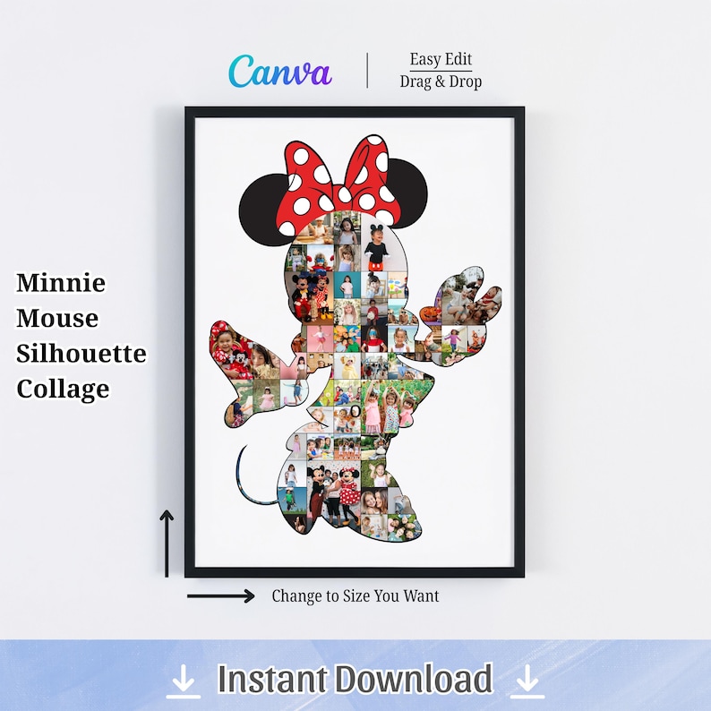 Puede incluir: Un collage enmarcado de silueta de Minnie Mouse lleno de m&uacute;ltiples fotos. La forma de Minnie Mouse tiene un lazo rojo con lunares blancos. El texto de la imagen dice "Minnie Mouse Silhouette Collage", "Change to Size You Want" y "Instant Download".