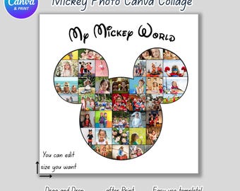 Canva Mickey Mouse silhouette Photo Collage. | Canva easy edit. create your 30 mickey memories. Drag and Drop. Editable Canva Templete.
