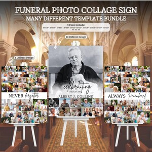 以下が含まれることがあります： 複数のテンプレートを備えた葬儀写真コラージュサイン。「Funeral Photo Collage Sign」と「Many Different Template Bundle」のテキストが含まれています。「Celebrating the Life of Albert J. Collins」のテキストが含まれています。白いイーゼルに表示されています。