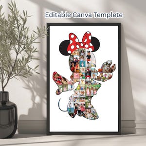 Puede incluir: Un collage de fotos en forma de Minnie Mouse enmarcado. El collage est&aacute; lleno de varias fotos peque&ntilde;as. Minnie Mouse tiene un lazo rojo con lunares blancos. El marco es negro y el texto "Editable Canva Template" est&aacute; en la parte superior.