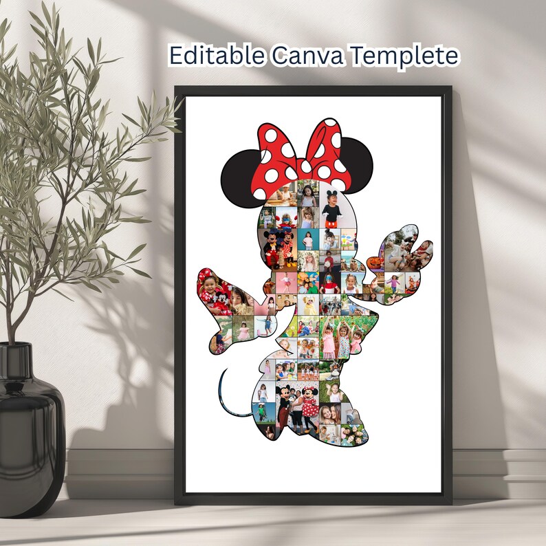 Puede incluir: Un collage de fotos en forma de Minnie Mouse enmarcado. El collage est&aacute; lleno de varias fotos peque&ntilde;as. Minnie Mouse tiene un lazo rojo con lunares blancos. El marco es negro y el texto "Editable Canva Template" est&aacute; en la parte superior.