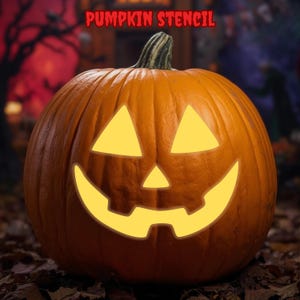 May include: A carved orange pumpkin with a glowing jack-o'-lantern face. The pumpkin has a stem and is set against a blurred background of trees and leaves. The text "PUMPKIN STENCIL" is displayed above the pumpkin.