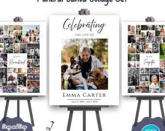 Set di 3 modelli per collage di foto funebri su Canva / Poster commemorativo con immagini, Celebrazione della vita. Facile da modificare e utilizzare.
