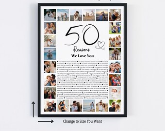 50 Gründe, warum wir dich lieben Fotocollage. | Canva leicht zu bearbeiten. schaffen Sie Ihre Erinnerungen. Ziehen und ablegen. Bearbeitbare Canva Vorlage. Geschenk zum Geburtstag.