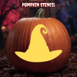May include: A large orange pumpkin with a carved yellow witch hat design. The text "PUMPKIN STENCIL" is displayed above the pumpkin. The pumpkin sits on a bed of brown leaves, perfect for Halloween.