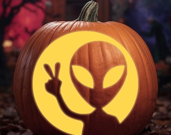 Alien Peace Pumpkin Stencil – Spooky Halloween Carving Template – Jack O’ Lantern Design – Digital Download.