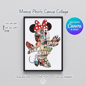 Puede incluir: Un collage de fotos de Minnie Mouse enmarcado. El collage est&aacute; lleno de varias fotos y tiene la forma de Minnie Mouse. El lazo es rojo con lunares blancos. El texto en la imagen incluye "Minnie Photo Canva Collage", "Edit with Canva & Print" y "Drag and Drop after Print Easy use template!"