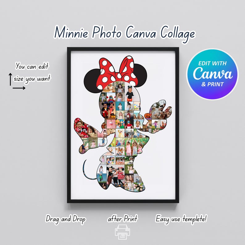 Puede incluir: Un collage de fotos de Minnie Mouse enmarcado. El collage est&aacute; lleno de varias fotos y tiene la forma de Minnie Mouse. El lazo es rojo con lunares blancos. El texto en la imagen incluye "Minnie Photo Canva Collage", "Edit with Canva & Print" y "Drag and Drop after Print Easy use template!"