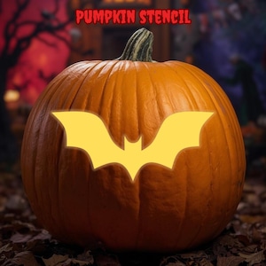 May include: An orange pumpkin with a bat stencil design. The words "PUMPKIN STENCIL" are in red at the top. The bat stencil is yellow and is centered on the pumpkin. The background is a blurred image of a spooky scene.