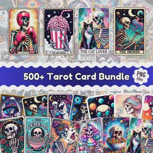 Puede incluir: Un conjunto de cartas de tarot con ilustraciones coloridas. Las cartas representan esqueletos en diversas situaciones, como un boxeador, un amante de los gatos y un fumador. Se muestra el texto "500+ Tarot Card Bundle".